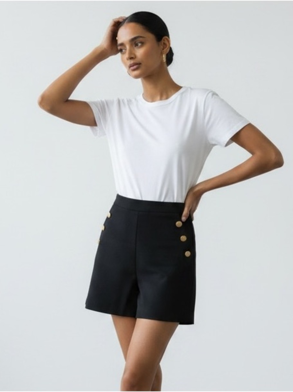 1494 • Black Stretch High Waist Non-functioning Gold Lion Button Sailor Shorts